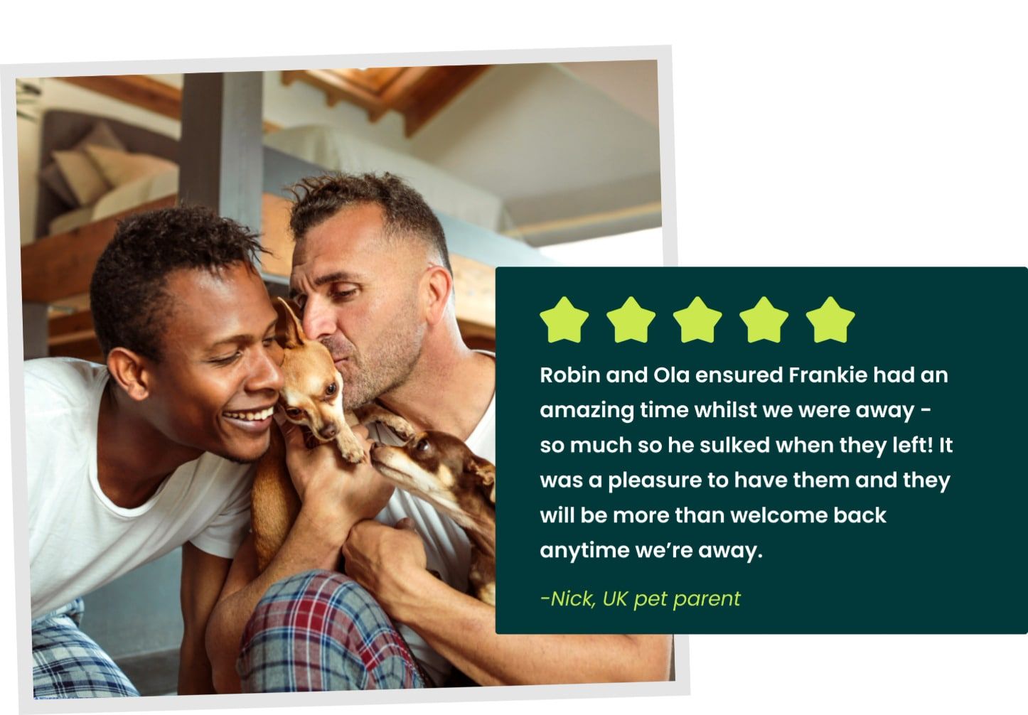 Two mens taking care of two puppies